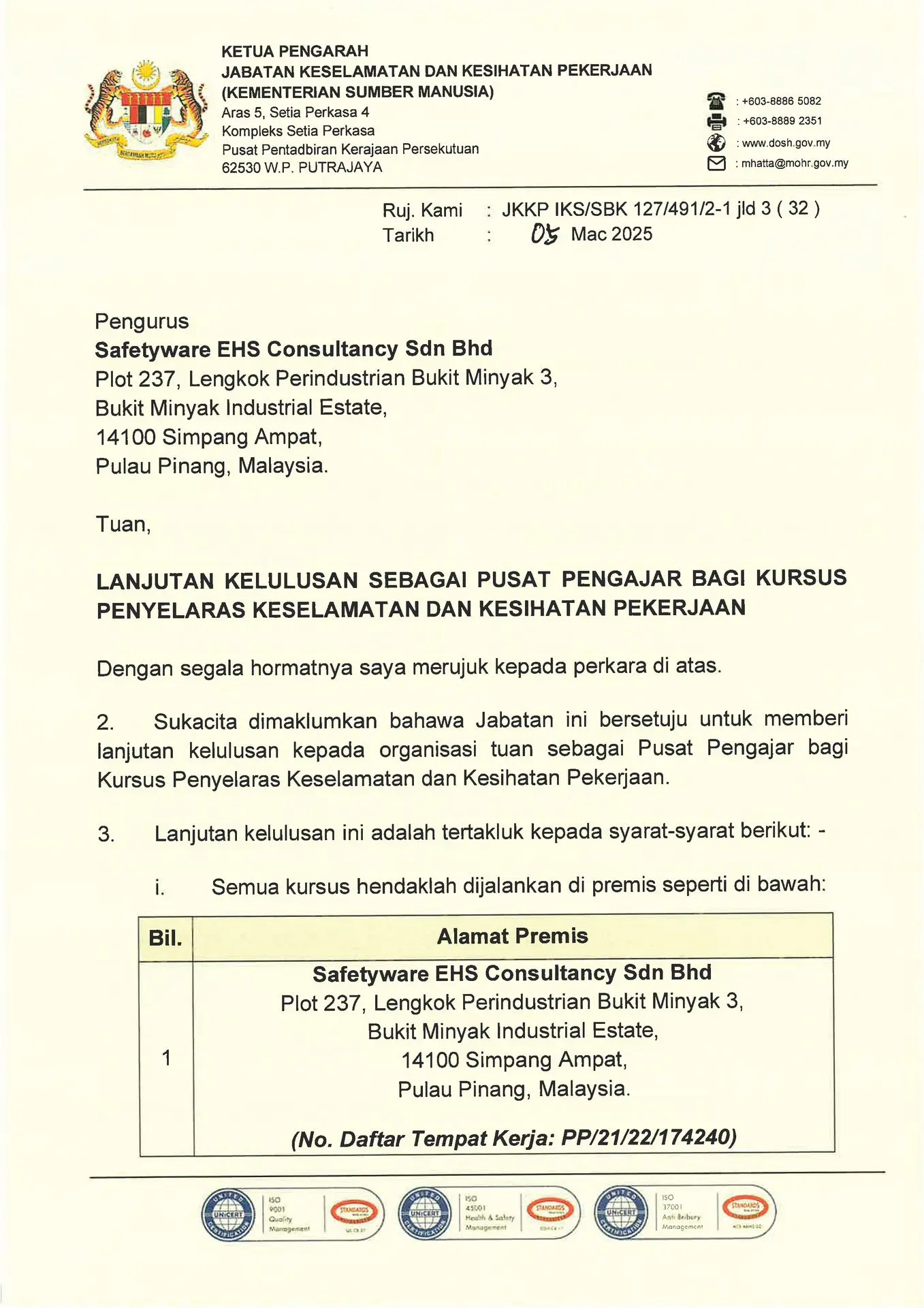 DOSH Approval Cert